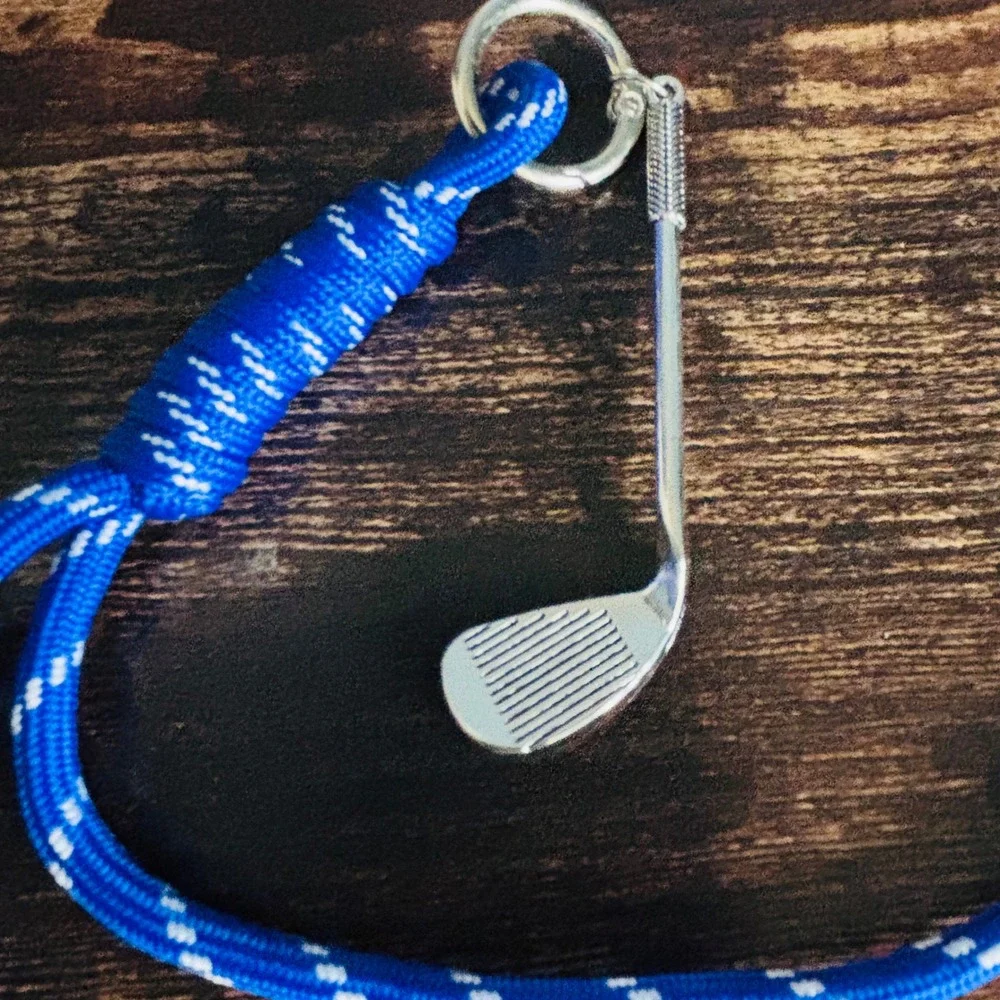 Blue Paracord Golf Club Charm Lanyard Keychain Bag Accessory Silver Tone Iron
